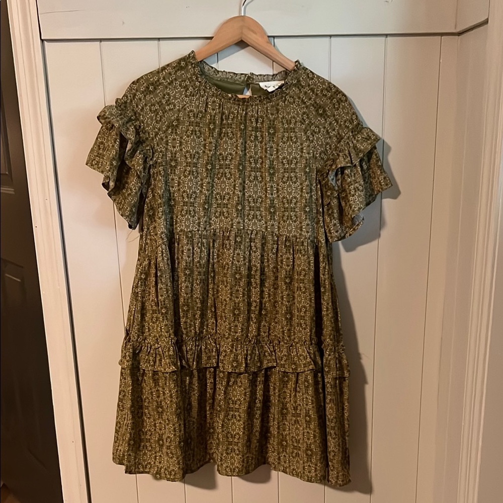Olive Floral Tiered Mini Dress with Ruffle Sleeves